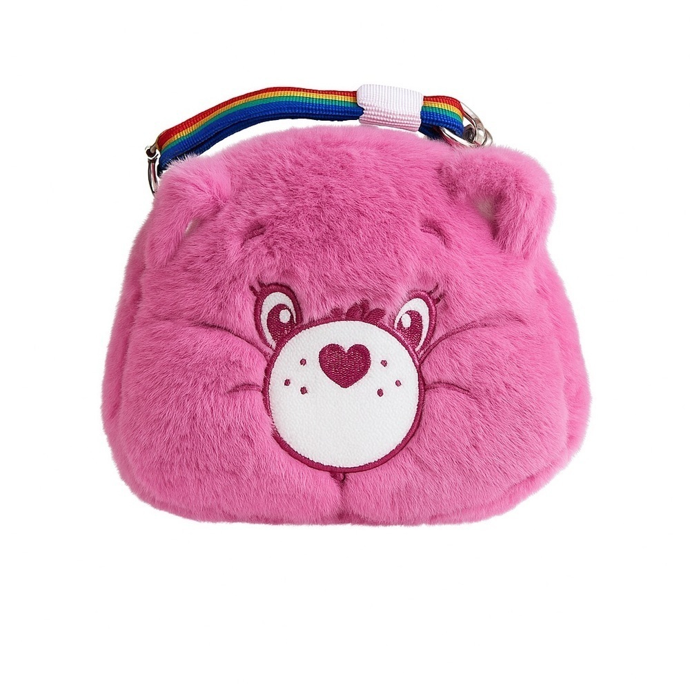 NEW Care Bear Pink Plush Crossbody Bag With Rainbow Strap